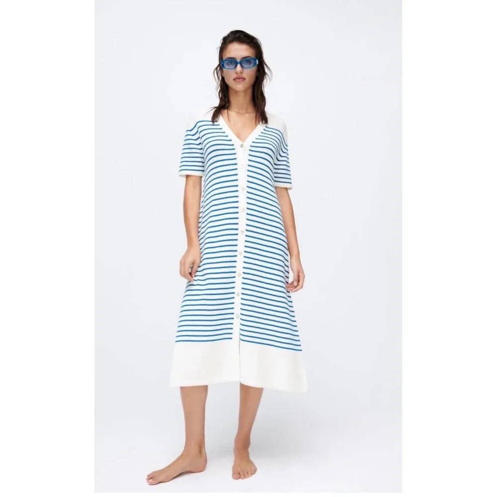 Zara Womens Blue‎ White Striped Cotton Knit Button Front Midi Dress Small